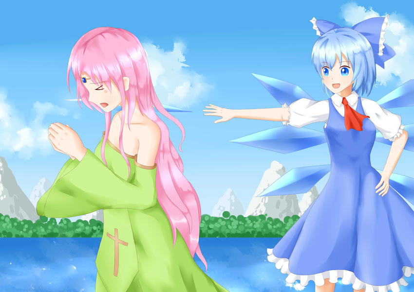 2girls absurdres blue_bow blue_dress blue_eyes blue_hair blue_sky bow cirno closed_eyes cloud collared_shirt cross day dress eyebrows frilled_bow frilled_dress frilled_sleeves frills gameplay_mechanics hairbow highres ice ice_wings liebea_palesch long_hair multiple_girls open_mouth outdoors pink_hair puffy_short_sleeves puffy_sleeves red_ribbon ribbon rosenkreuzstilette shirt short_hair short_sleeves sky touhou weather-man wide_sleeves wings