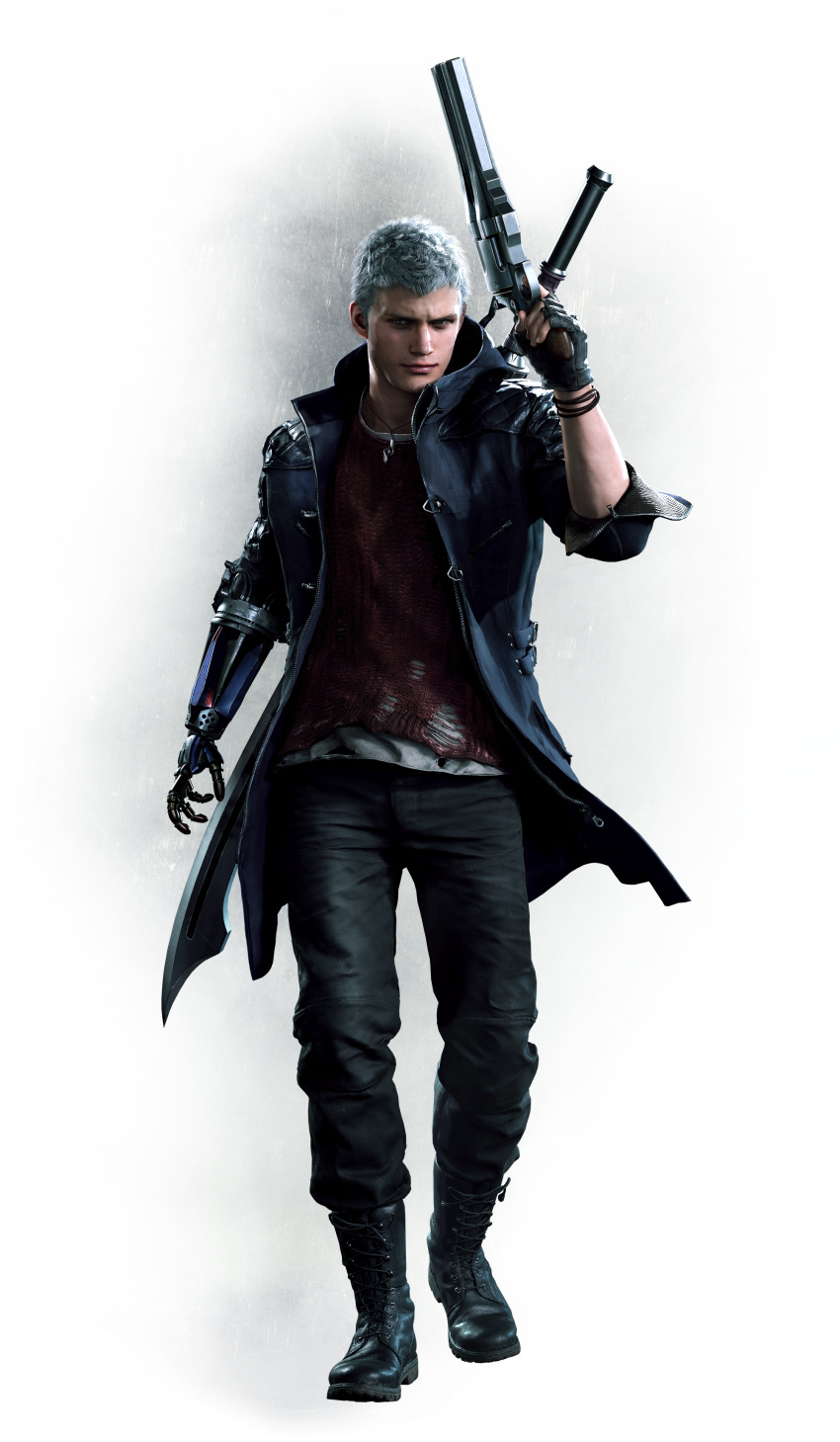 1boy 3d absurdres black_footwear black_pants blue_jacket blue_rose_(gun) boots capcom devil_breaker devil_may_cry_(series) devil_may_cry_5 facial_hair fingerless_gloves full_body gloves grey_hair gun handgun highres jacket jewelry looking_at_viewer male_focus mechanical_arms necklace nero_(devil_may_cry) official_art open_clothes open_jacket pants prosthesis prosthetic_arm realistic red_queen_(sword) red_shirt revolver shirt simple_background single_mechanical_arm solo stubble sword weapon weapon_on_back white_background white_hair zipper