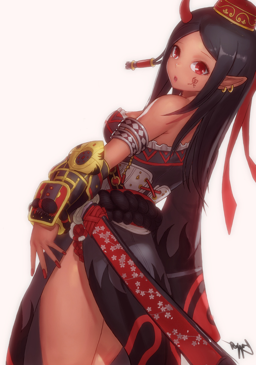 :o armlet backlighting bad_id bad_pixiv_id black_hair bypos corset cowboy_shot dark-skinned_female dark_skin dress earrings facial_mark female hat highres horns jewelry long_hair looking_at_viewer looking_back nail_polish oni original pointy_ears red_eyes rope scabbard sheath shimenawa side_slit signature simple_background single_horn sleeveless sleeveless_dress solo sword vambraces weapon white_background