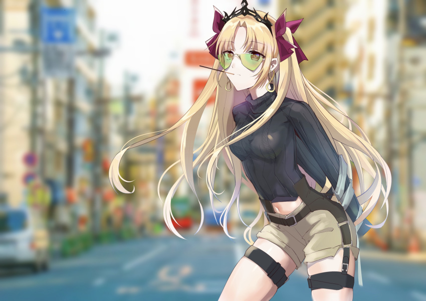 absurdres alternate_costume black_shirt blonde_hair blurry blurry_background car changpan_hutao cityscape commentary_request earrings ereshkigal_(fate) fate/grand_order fate_(series) female highres hoop_earrings infinity_symbol jewelry long_hair long_sleeves midriff motor_vehicle navel outdoors parted_bangs red_eyes shirt shorts solo sunglasses thigh_strap tiara two_side_up