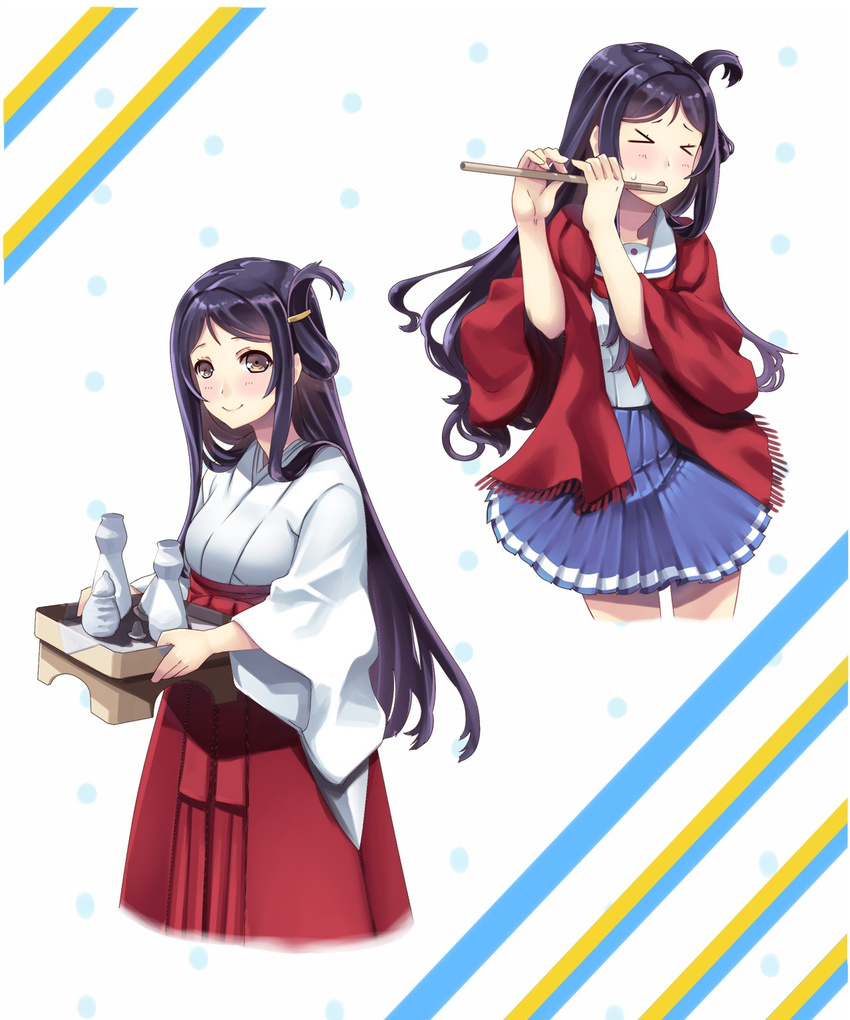 2girls black_hair bottle brown_eyes commentary_request dual_persona flute hiememiko high_school_fleet highres instrument japanese_clothes long_hair marikouji_kaede miko multiple_girls one_side_up school_uniform serafuku shawl yokosuka_girls_marine_high_school_uniform