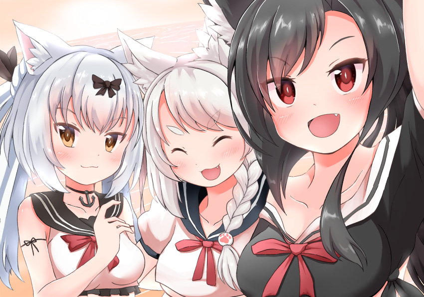 3girls :3 :d ^_^ anchor_choker animal_ear_fluff animal_ears arm_ribbon arm_up azur_lane bare_shoulders black_bow black_hair black_sailor_collar black_shirt blush bow braid breasts cat_ears closed_eyes collarbone commentary_request crop_top crop_top_overhang hair_between_eyes hairbow hand_up highres hoshino_(s22) long_hair looking_at_viewer medium_breasts multiple_girls neck_ribbon oerba_yun_fang open_mouth ponytail red_eyes red_ribbon ribbon sailor_collar selfie shigure_(azur_lane) shirt short_eyebrows short_sleeves side_braid sidelocks smile swept_bangs thick_eyebrows tied_shirt twintails underboob upper_body white_hair white_sailor_collar wolf_ears wolf_girl yellow_eyes yukikaze_(azur_lane) yuudachi_(azur_lane)