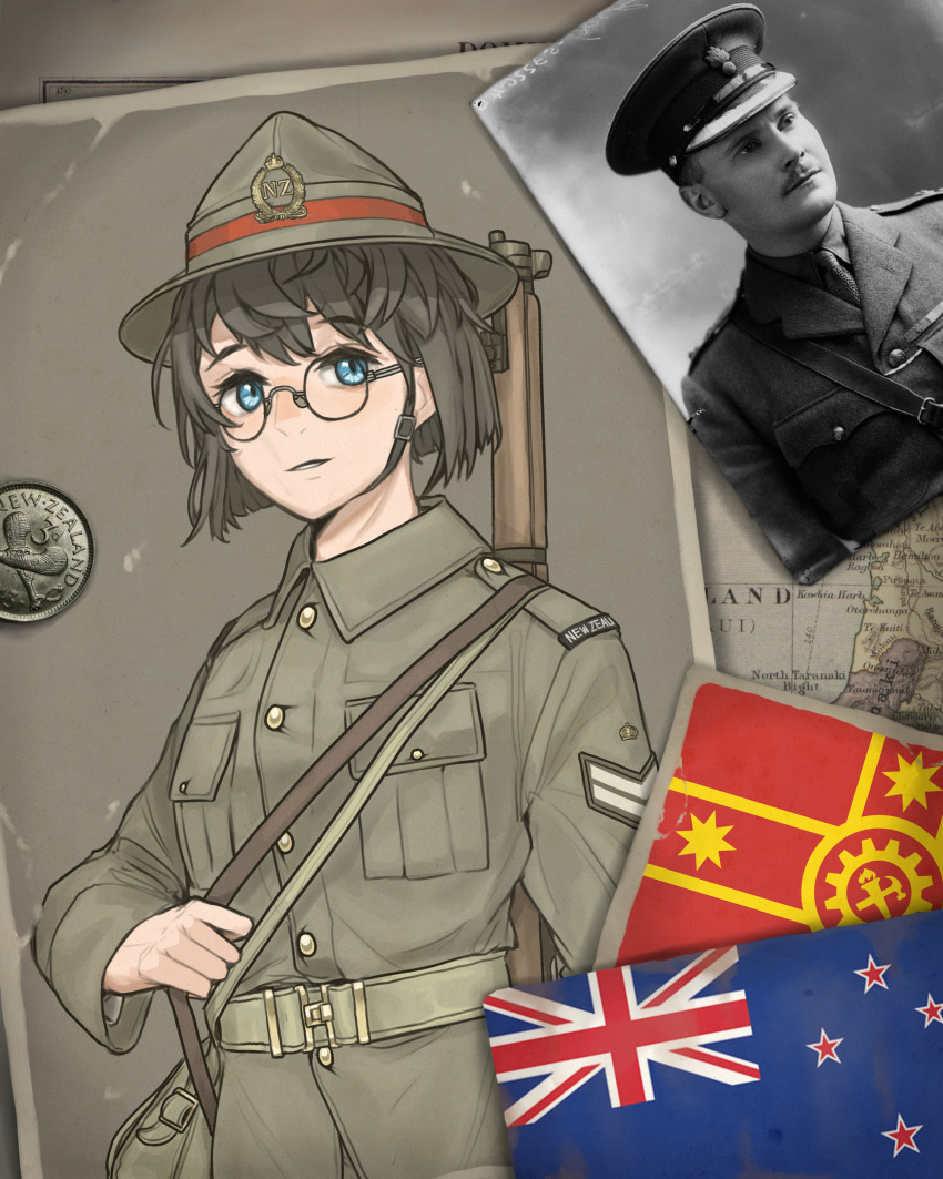 1boy absurdres belt blue_eyes blush bolt_action breast_pocket brown_hair brown_headwear brown_shirt collared_shirt female glasses gun gun_on_back hat hearts_of_iron highres kaiserreich lee-enfield long_sleeves looking_at_viewer military military_uniform new_zealand new_zealand_flag original parted_lips photo_(object) pocket pzkpfwi rifle round_eyewear shirt short_hair uniform weapon weapon_on_back