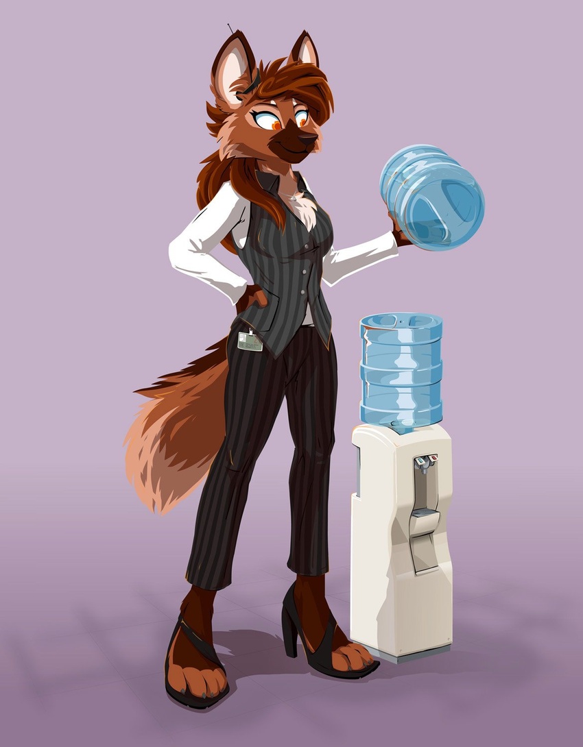 2021 anthro black_bottomwear black_clothing black_pants bottomwear brown_body brown_fur canid canine clothing digital_media_(artwork) female female_anthro footwear fur grey_clothing hi_res high_heels holding_object inside leah_(zakuratech) looking_at_object mammal maned_wolf office_clothing orange_eyes pants pink_background shirt simple_background smile solo tall tirrel topwear water water_cooler white_clothing white_inner_ear white_shirt white_topwear white_undershirt