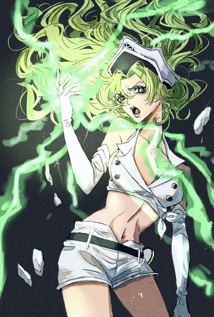 belt bleach bleach:_sennen_kessen-hen boots breasts candice_catnipp cleavage crop_top electricity electrokinesis female gloves glowing green_eyes green_hair hat highres large_breasts long_hair midriff military_hat military_uniform navel open_mouth quincy_(bleach) short_shorts shorts simple_background solo sternritter taro. thighs uniform wandenreich_uniform white_gloves