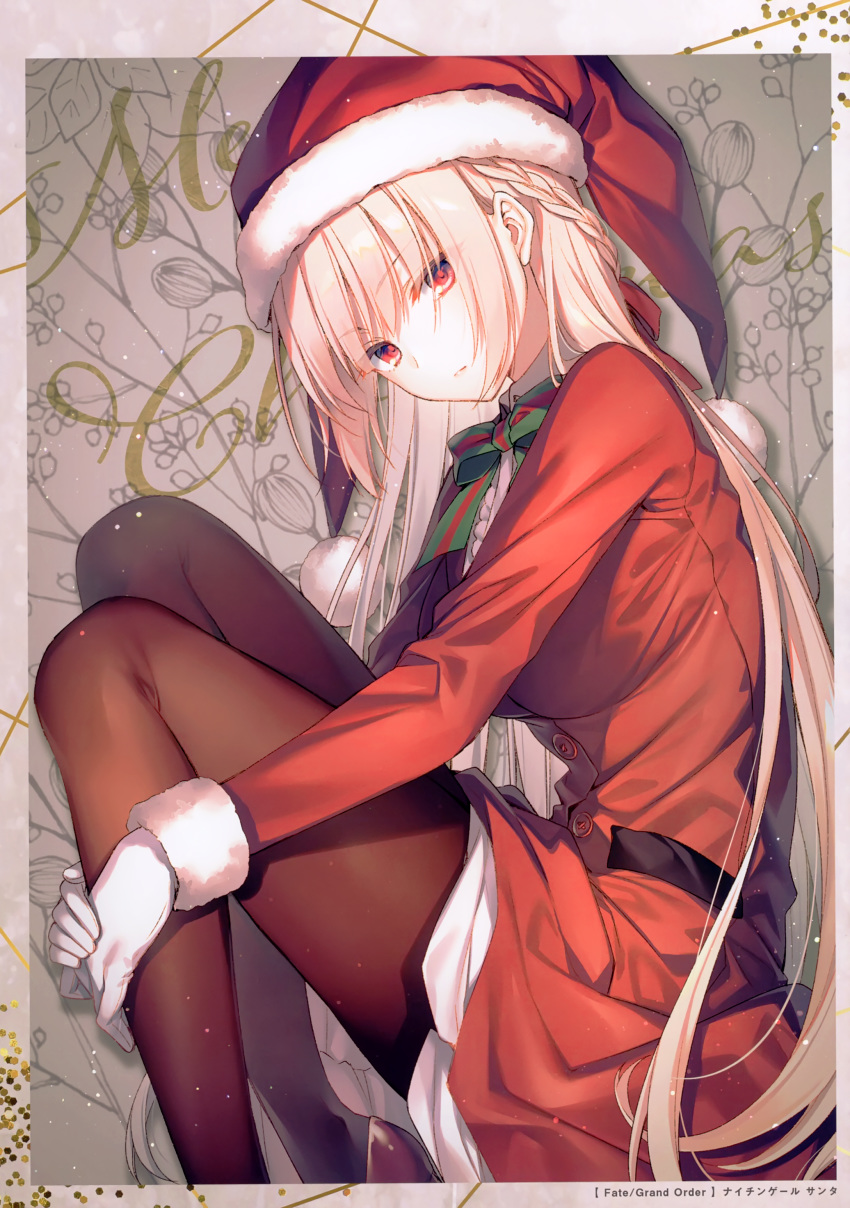 absurdres belt blonde_hair breasts christmas fate/grand_order fate_(series) female fetal_position florence_nightingale_(fate) florence_nightingale_(santa)_(fate) fur-trimmed_sleeves fur_trim gloves hat high_heels highres knees_to_chest long_hair looking_at_viewer medium_breasts merry_christmas neck_ribbon pantyhose red_eyes ribbon santa_costume santa_hat scan solo toosaka_asagi white_gloves