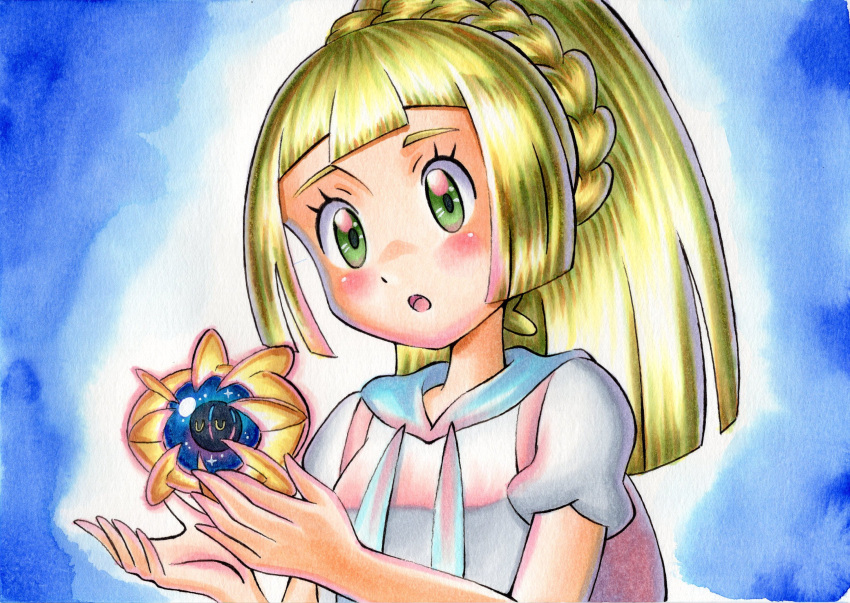 :o bad_id bad_twitter_id blonde_hair blue_background blue_sailor_collar blush braid commentary_request cosmoem crown_braid eyelashes female green_eyes high_ponytail highres lillie_(pokemon) long_hair looking_down oka_mochi open_mouth pokemon pokemon_(creature) pokemon_sm sailor_collar shirt short_sleeves tongue traditional_media white_shirt