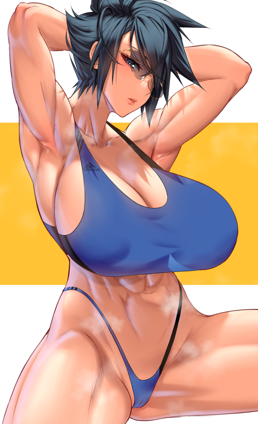 abs absurdres adidas anima_(togashi) armpits arms_behind_head black_hair blue_eyes breasts cameltoe collarbone female green_eyes hair_over_one_eye highres large_breasts md5_mismatch muscular muscular_female original short_hair solo sports_bikini sunglasses thong