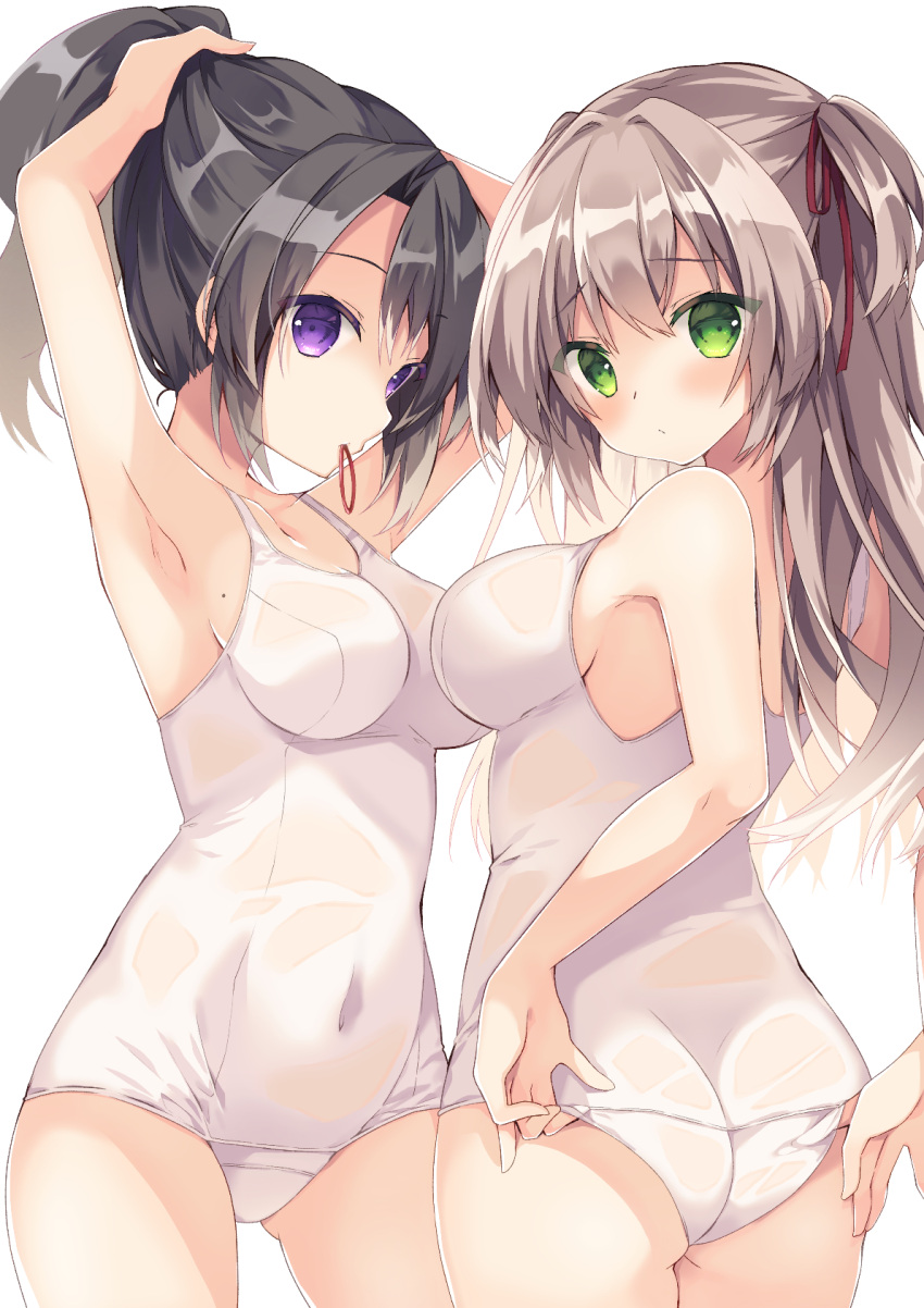 2girls adjusting_clothes adjusting_swimsuit armpits ass bad_id bad_pixiv_id barre black_hair blush breasts brown_hair closed_mouth commentary commission covered_navel green_eyes hair_ribbon hair_tie hair_tie_in_mouth highres long_hair looking_at_viewer medium_breasts mouth_hold multiple_girls old_school_swimsuit one-piece_swimsuit original pixiv_commission ponytail purinpurin purple_eyes ribbon school_swimsuit see-through sideboob sidelocks simple_background standing swimsuit two_side_up tying_hair wet wet_clothes white_background white_one-piece_swimsuit