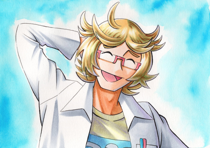 1boy :d ahoge arm_behind_head bad_id bad_twitter_id blonde_hair blue_background closed_eyes commentary_request glasses hand_up highres lab_coat long_sleeves male_focus oka_mochi open_mouth parted_bangs pokemon pokemon_(anime) pokemon_journeys ren_(pokemon) shirt short_hair smile solo tongue traditional_media upper_body yellow_shirt