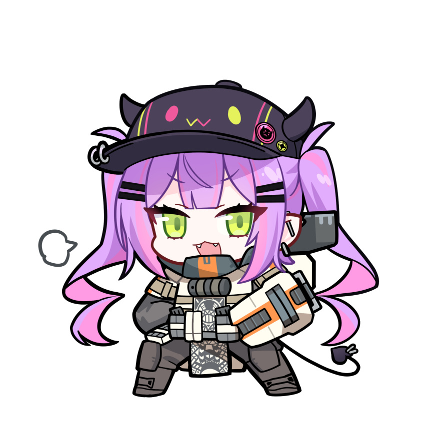 :3 apex_legends baseball_cap bibi_(tokoyami_towa) black_hat chibi colored_inner_hair cosplay demon_girl demon_tail fangs female gibraltar_(apex_legends) gibraltar_(apex_legends)_(cosplay) green_eyes hair_behind_ear hat highres hololive long_hair multicolored_hair nemoga open_mouth pink_hair pointy_ears purple_hair shield simple_background solo streaked_hair tail tokoyami_towa twintails v-shaped_eyebrows virtual_youtuber white_background