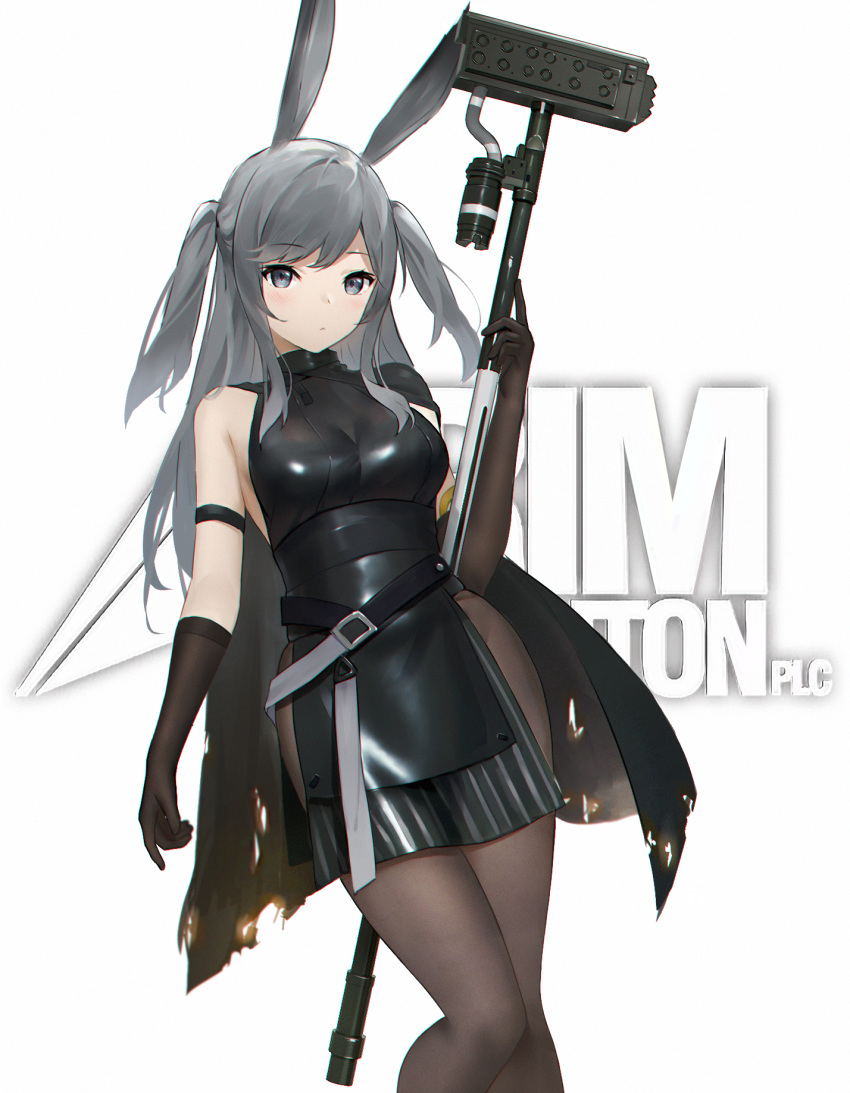 animal_ears arknights arm_strap banxuan_c2ka bare_shoulders belt black_cape black_dress black_gloves blush breasts brown_pantyhose cape chromatic_aberration commentary dress feet_out_of_frame female gloves grey_eyes grey_hair hammer hand_up highres holding holding_hammer holding_weapon long_hair looking_at_viewer medium_breasts pantyhose rabbit_ears revision savage_(arknights) short_dress simple_background sleeveless sleeveless_dress solo standing thighs two_side_up weapon white_background