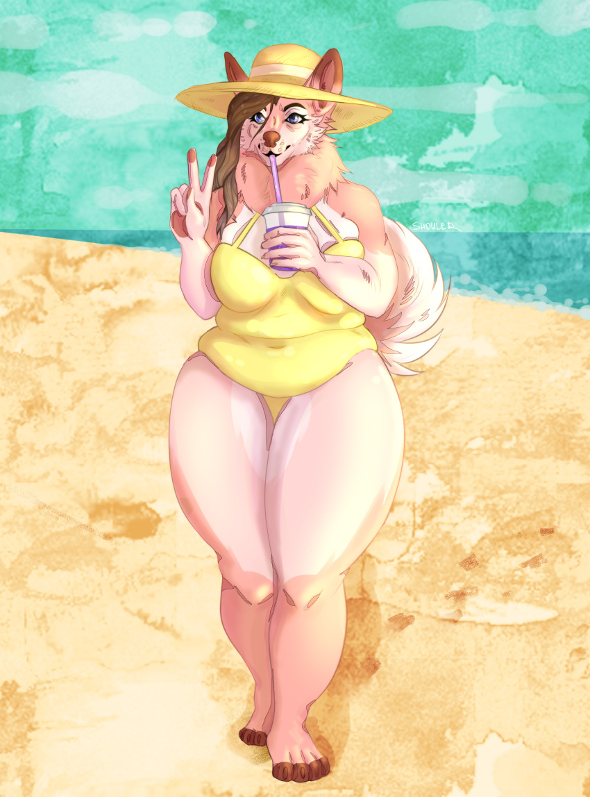 absurd_res anthro barefoot beach belly beverage big_breasts breasts brown_hair brown_nose bubble_tea canid canine canis charlotte_genevieve clothed clothing curvy_figure digital_media_(artwork) domestic_dog ears_through_headwear feet female fluffy fluffy_tail fur gesture hair hand_gesture hat headgear headwear hi_res mammal neck_tuft nordic_sled_dog one-piece_swimsuit outside overweight overweight_anthro overweight_female paws pink_body pink_fur samoyed sand sea seaside shore shoreline shouler_shurka sipping sky slightly_chubby smile solo spitz straw_(disambiguation) sun_hat swimwear tail thick_thighs toes tuft v_sign water wide_hips yellow_clothing yellow_swimwear young_adult