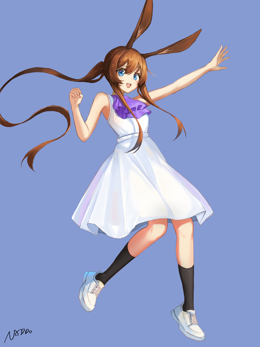 :d absurdres amiya_(arknights) animal_ear_fluff animal_ears arknights ascot bare_arms bare_shoulders black_socks blue_background brown_hair commentary_request dress female floating_hair full_body hair_between_eyes highres long_hair looking_at_viewer omuretu_(butterroru) outstretched_arm ponytail purple_ascot rabbit_ears shoes sidelocks signature simple_background sleeveless sleeveless_dress smile socks solo teeth upper_teeth_only very_long_hair white_dress white_footwear