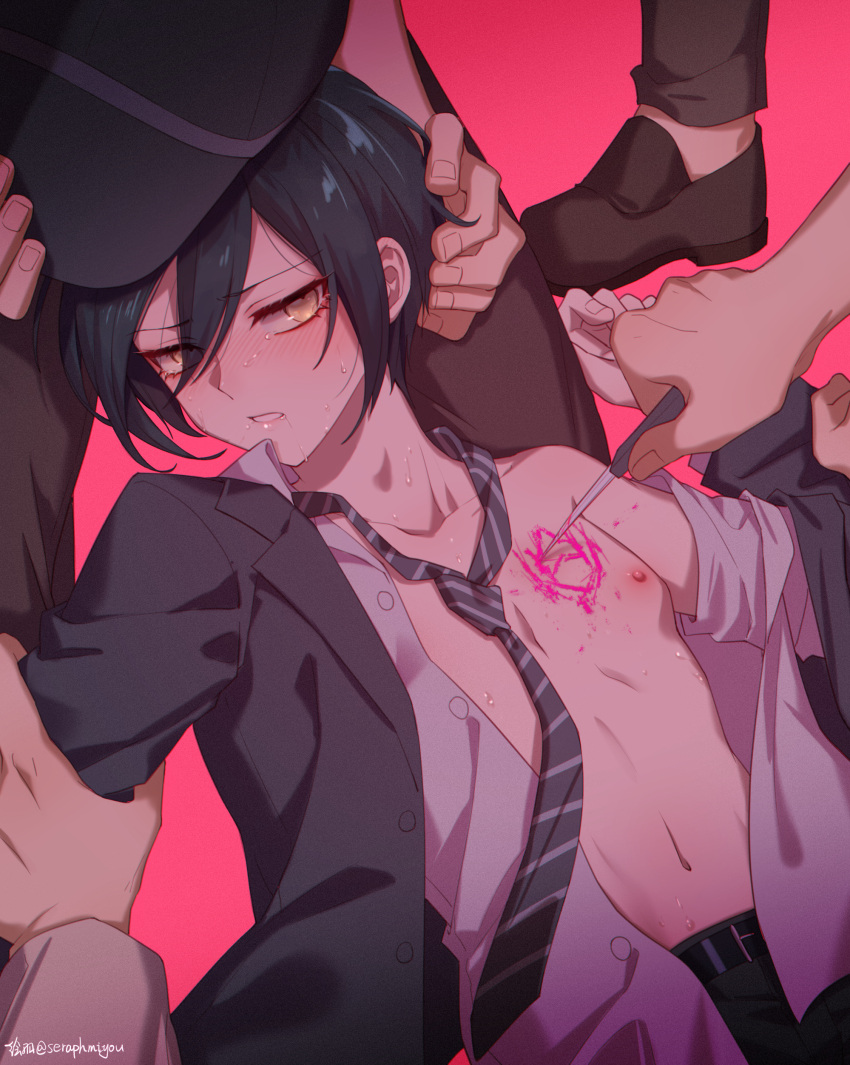 1boy 2others absurdres ahoge arm_grab black_hair black_headwear blood brown_footwear brown_pants chinese_commentary commentary_request danganronpa_(series) danganronpa_v3:_killing_harmony ewa_(seraphhuiyu) hair_between_eyes highres jacket long_sleeves male_focus multiple_others navel nipples official_alternate_costume open_clothes open_shirt pants pink_blood pushing_down saihara_shuichi shirt short_hair undressing_another