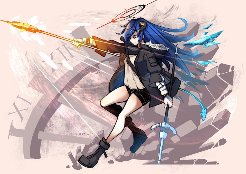 arknights bare_legs black_footwear black_jacket blue_eyes blue_hair boots carillus commentary cross-laced_footwear english_commentary female full_body gloves grey_shirt hair_between_eyes halo holding holding_staff horns jacket long_hair long_sleeves looking_at_viewer mostima_(arknights) open_clothes open_jacket shirt smile solo staff thighs white_gloves