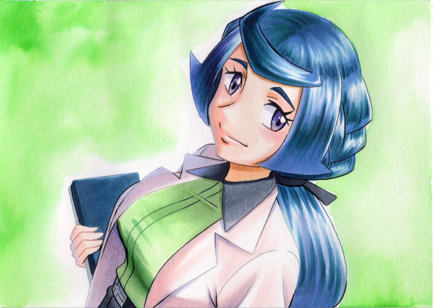 bad_id bad_twitter_id belt belt_buckle black_belt black_skirt blue_hair breasts buckle chrysa_(pokemon) closed_mouth collared_shirt commentary_request eyelashes female green_background green_shirt hair_ribbon highres holding lab_coat long_hair oka_mochi pokemon pokemon_(anime) pokemon_journeys ribbon shirt skirt smile solo split_mouth tied_hair traditional_media upper_body