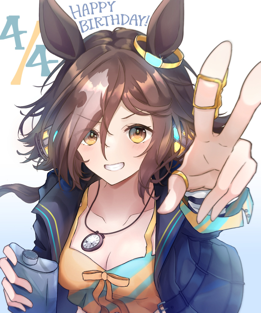 animal_ears black_jacket breasts brown_hair cleavage collarbone crop_top earrings female flask grin happy_birthday highres holding holding_flask horse_ears horse_girl jacket jewelry medium_breasts medium_hair midriff multicolored_hair necklace pitsugi ring shirt smile solo stopwatch stopwatch_around_neck streaked_hair teeth umamusume upper_body v vodka_(umamusume) white_hair yellow_shirt