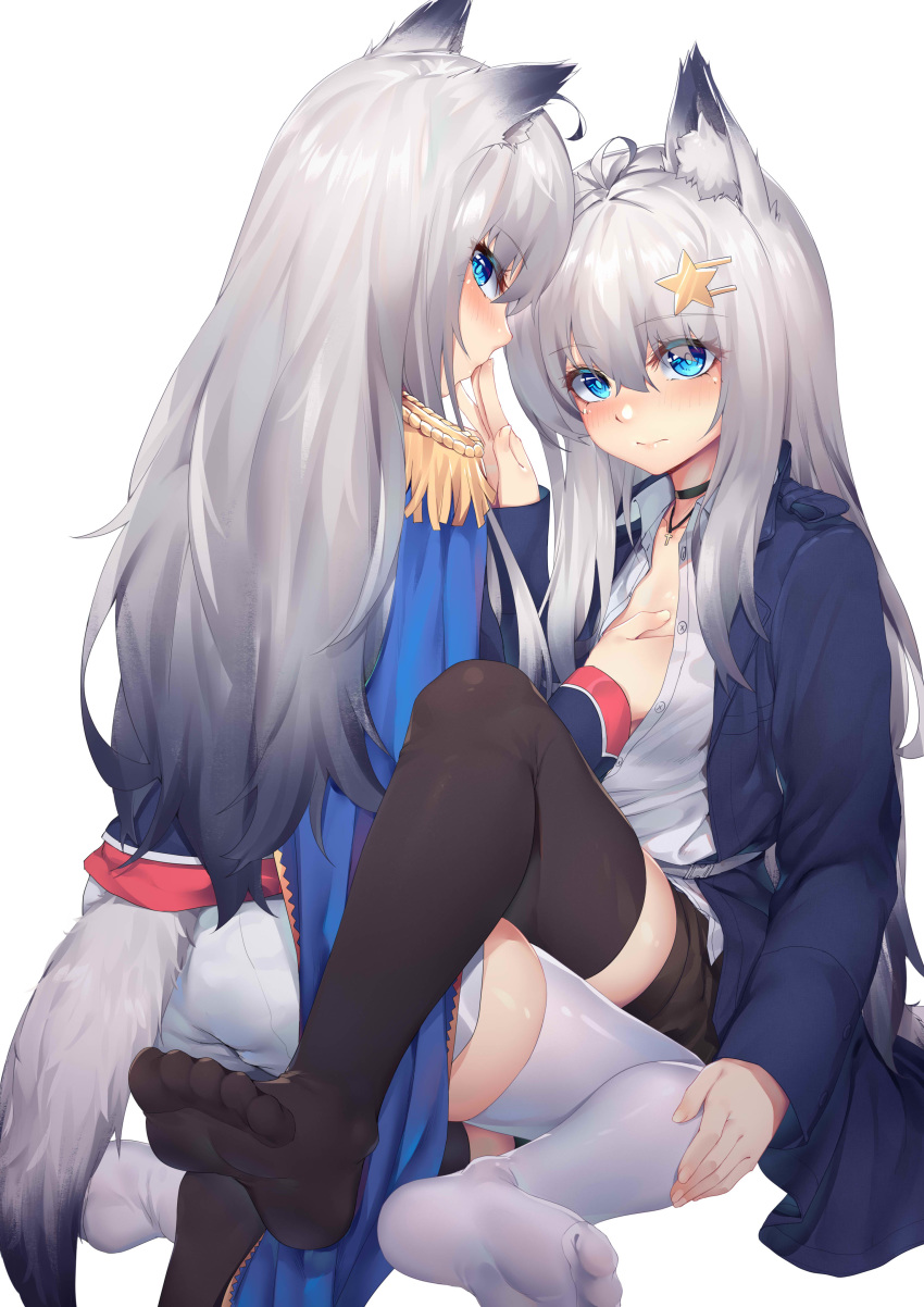 2girls absurdres animal_ear_fluff animal_ears black_choker black_hair black_legwear blue_eyes blue_jacket blush choker collarbone copyright_request feet grey_hair highres jacket jewelry long_hair long_sleeves looking_at_viewer multiple_girls necklace no_shoes ray_(pixiv9514208) shorts simple_background tail thighhighs virtual_youtuber white_background white_legwear white_shorts wolf_ears wolf_tail yuri