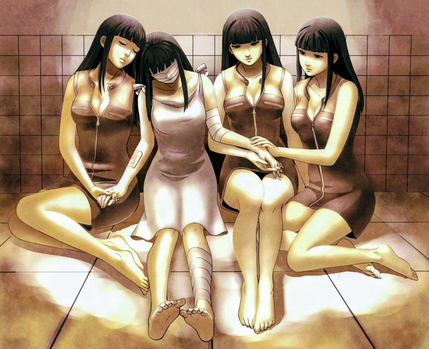 bandages barefoot black_hair breasts cleavage closed_eyes closed_mouth dress feet highres linda_cube long_hair medium_breasts multiple_girls qoota sachiko_(linda_cube) sleeveless