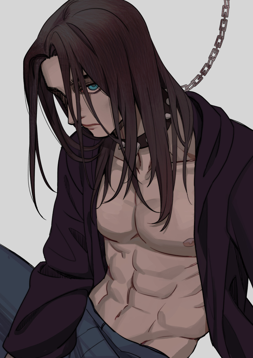 1boy absurdres blue_eyes blue_pants brown_hair chains choker closed_mouth collarbone commentary eren_yeager expressionless fridaynightcat grey_background highres hood hooded_coat long_hair long_sleeves looking_at_viewer male_focus muscular muscular_male nipples pants pectorals shingeki_no_kyojin simple_background solo spiked_choker spikes symbol-only_commentary topless_male