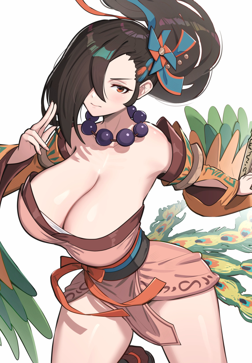 absurdres bare_shoulders bead_necklace beads blush bouncing_breasts breasts brown_eyes brown_hair cleavage cowboy_shot detached_sleeves fake_tail fake_wings female fire_emblem fire_emblem_fates fire_emblem_heroes gonzarez hair_ornament hair_over_one_eye hand_up highres japanese_clothes jewelry kagero_(fire_emblem) kagero_(winds_offered)_(fire_emblem) large_breasts long_hair looking_at_viewer mature_female necklace ninja official_alternate_costume pelvic_curtain ponytail solo tail white_background wings