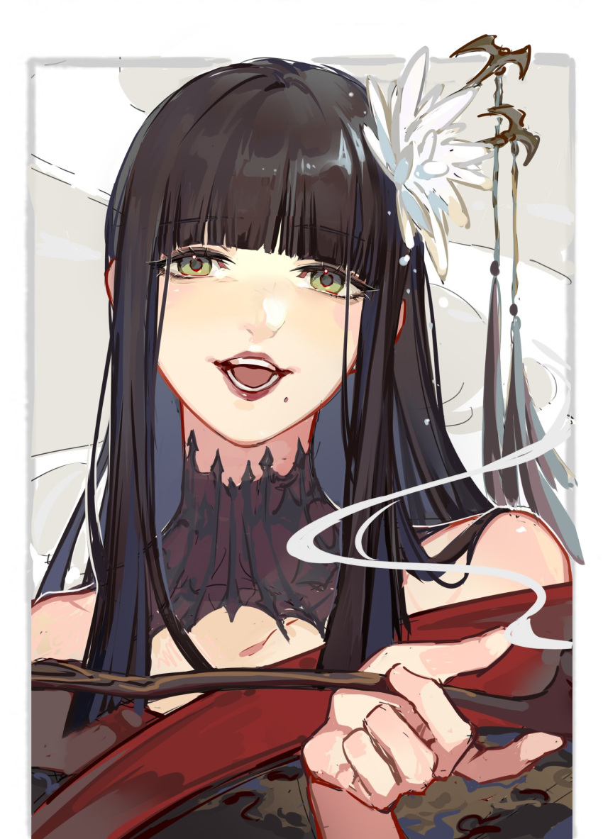 bare_shoulders black_hair blunt_bangs crow0cc female final_fantasy final_fantasy_xiv flower green_eyes hair_flower hair_ornament highres holding hyur japanese_clothes kimono kiseru lace_collar long_hair mole mole_under_mouth open_mouth smoking_pipe solo upper_body yotsuyu_goe_brutus