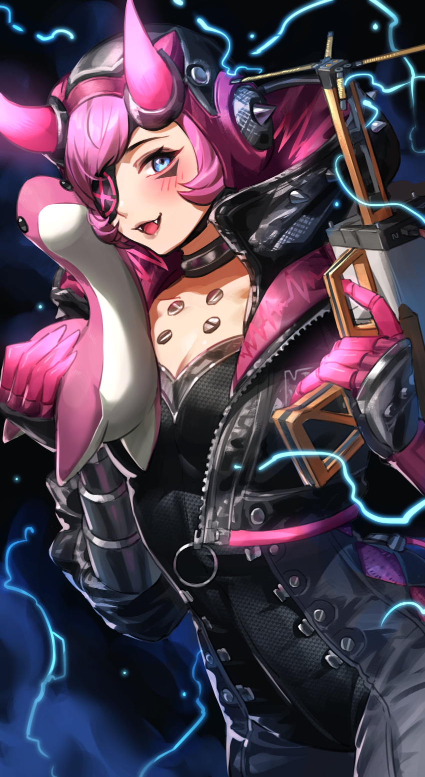 :3 absurdres animification apex_legends black_bodysuit black_choker black_gloves black_headwear black_jacket blush bodysuit breasts choker cleavage cyber_punked_wattson electricity energy_reader_(apex_legends) eyepatch fangs female gloves highres holding holding_stuffed_toy hood hooded_jacket horns jacket making-of_available mechanical_arms nemoto_yuuma nessie_(respawn) official_alternate_costume one_eye_covered open_mouth pink_hair single_mechanical_arm small_breasts smile solo stuffed_toy wattson_(apex_legends)