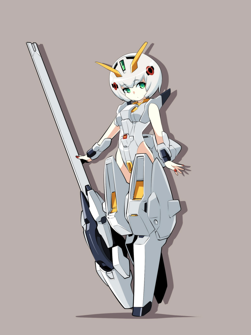 absurdres advance_of_zeta breasts brown_background commentary female green_eyes grey_leotard gun gundam head_tilt highres holding holding_gun holding_weapon humanization ishiyumi leotard mecha_musume open_hand red_nails shadow small_breasts solo tr-6_woundwort weapon white_hair