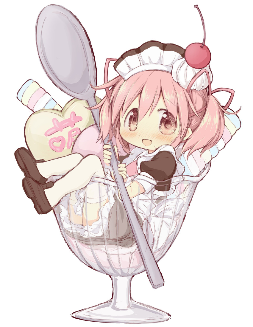 absurdres alternate_costume bad_id bad_twitter_id blush boots cherry cup eyes_visible_through_hair female food fruit highres hitode in_container in_cup kaname_madoka mahou_shoujo_madoka_magica mahou_shoujo_madoka_magica_(anime) maid maid_headdress pink_eyes pink_hair ribbon short_twintails smile solo spoon tareme thighhighs twintails zettai_ryouiki