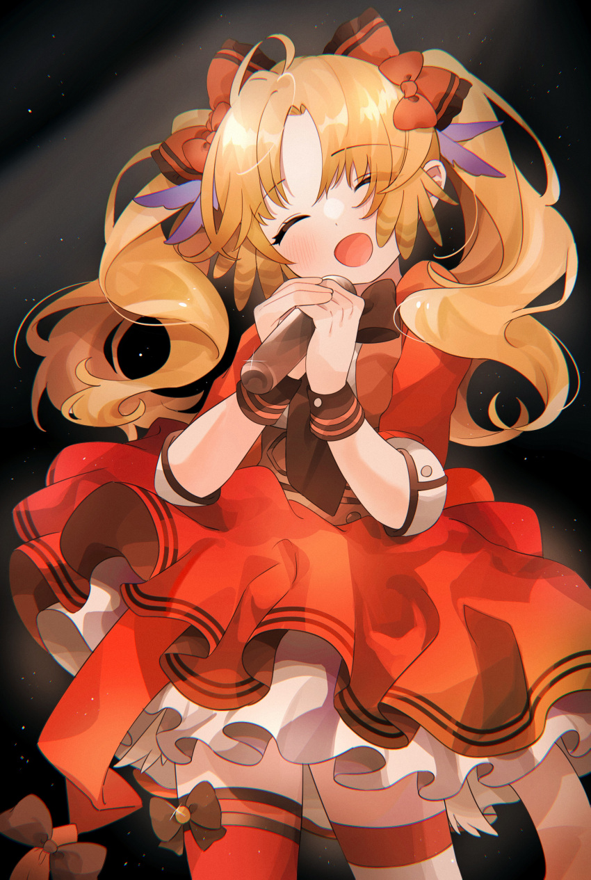 :d ^_^ absurdres arknights black_background blonde_hair blush bow closed_eyes commentary cowboy_shot dress female hairbow head_tilt highres holding holding_microphone microphone official_alternate_costume open_mouth petticoat pinecone_(arknights) pinecone_(sing_a_song)_(arknights) red_bow red_dress smile solo standing takumi_mizuki twintails