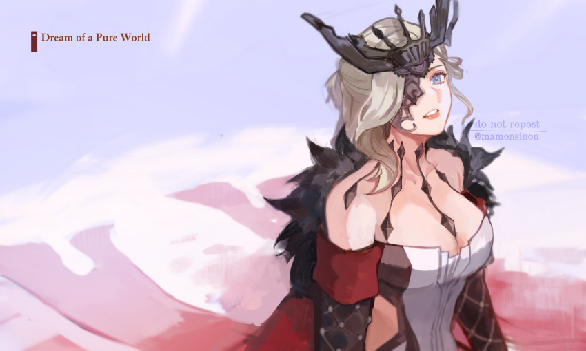 bare_shoulders black_mask blonde_hair blue_eyes breasts cleavage collarbone commentary dress elbow_gloves english_commentary female fur_trim genshin_impact gloves half_mask highres jewelry lace-trimmed_eyepatch large_breasts long_hair mamonsinon mask mask_over_one_eye one_eye_covered open_mouth signora_(genshin_impact) solo studded_gloves twitter_username