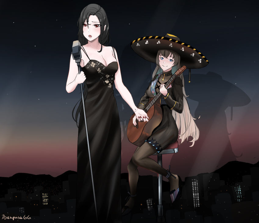 2girls alternate_costume black_dress breasts cleavage commission country_connection darkpulsegg dress fx-05_(girls'_frontline) girls'_frontline guitar hat instrument mariachi mexican_dress mexico microphone microphone_stand mondragon_m1908_(girls'_frontline) multiple_girls music seat signature singing sombrero