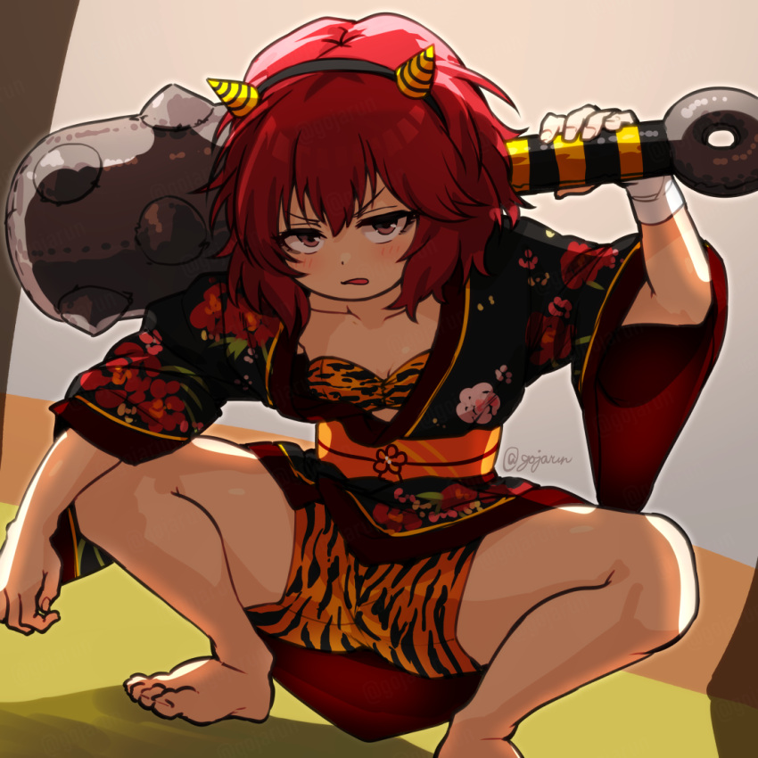 animal_print barefoot blush breasts club_(weapon) fake_horns female floral_print gojarun holding holding_club holding_weapon horns idolmaster idolmaster_cinderella_girls japanese_clothes kanabou kimono looking_at_viewer murakami_tomoe oni_horns open_mouth red_eyes red_hair sash short_hair solo spread_legs squatting tiger_print weapon