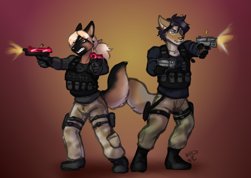 2023 5_fingers aaron_dallas anthro black_body black_boots black_clothing black_footwear black_fur black_hair boots bottomwear brown_body brown_eyes brown_fur bullet_casing bulletproof_vest camo camo_bottomwear camo_clothing camo_pants camo_print canid canine canis clenched_teeth clothing combat_boots combat_gear coyote domestic_dog dora_schutzhund dual_wielding duo female fingers footwear fur german_shepherd grey_eyes gun hair hanazawa handgun herding_dog holding_gun holding_handgun holding_object holding_pistol holding_ranged_weapon holding_weapon leg_pouch male mammal multicolored_body multicolored_fur muzzle_flash pants pastoral_dog pattern_bottomwear pattern_clothing pattern_pants pistol pistols polymer_grip pouches ranged_weapon shooting shooting_gun simple_background standing teeth two_tone_body two_tone_fur weapon wooden_grip