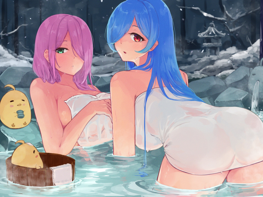 2girls azur_lane bare_shoulders bird blue_hair breasts bucket collarbone covering_privates green_eyes hair_over_one_eye highres large_breasts long_hair looking_at_viewer manjuu_(azur_lane) multiple_girls naked_towel nude_cover official_alternate_costume onsen outdoors pink_hair red_eyes same-sex_bathing shared_bathing snow towel tree trento_(azur_lane) trieste_(amore_termico)_(azur_lane) trieste_(azur_lane) umiya_mizuki water wooden_bucket