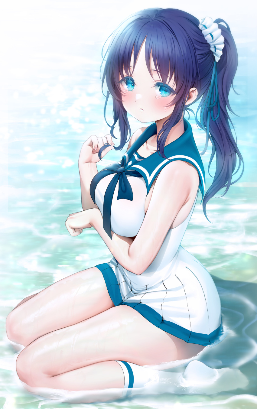 absurdres aqua_eyes aqua_sailor_collar arm_under_breasts bare_arms black_hair blush breasts collarbone commentary_request dress female hair_ornament hair_scrunchie highres hiradaira_chisaki long_hair looking_at_viewer medium_breasts na1tsu2me3 nagi_no_asukara parted_bangs parted_lips partially_submerged ponytail sailor_collar sailor_dress scrunchie sitting socks solo thighs wariza white_dress white_socks