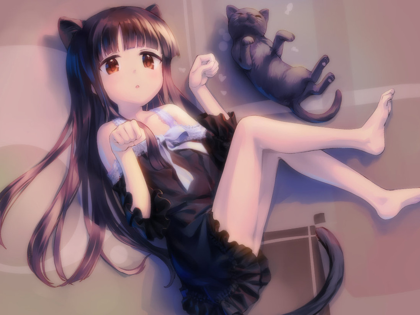 1other animal_ears arms_up barefoot black_cat black_dress black_hair blunt_bangs brown_eyes cat_ears cat_girl cat_tail clenched_hands commentary dress feet feline female idolmaster idolmaster_cinderella_girls kawaseki legs long_hair lying on_back paw_pose pero_(idolmaster_cinderella_girls) sajo_yukimi soles tail thighs toes