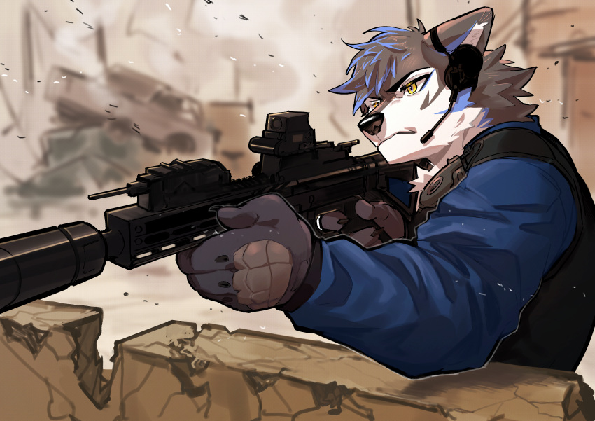 absurd_res anthro archermagnum battlefield black_body black_fur blue_hair clothing electronics fur gloves gun hair handwear headgear headphones headset headset_microphone hi_res hk416 kmwolfkm male police police_uniform ranged_weapon solo thunderrangers uniform weapon yellow_eyes