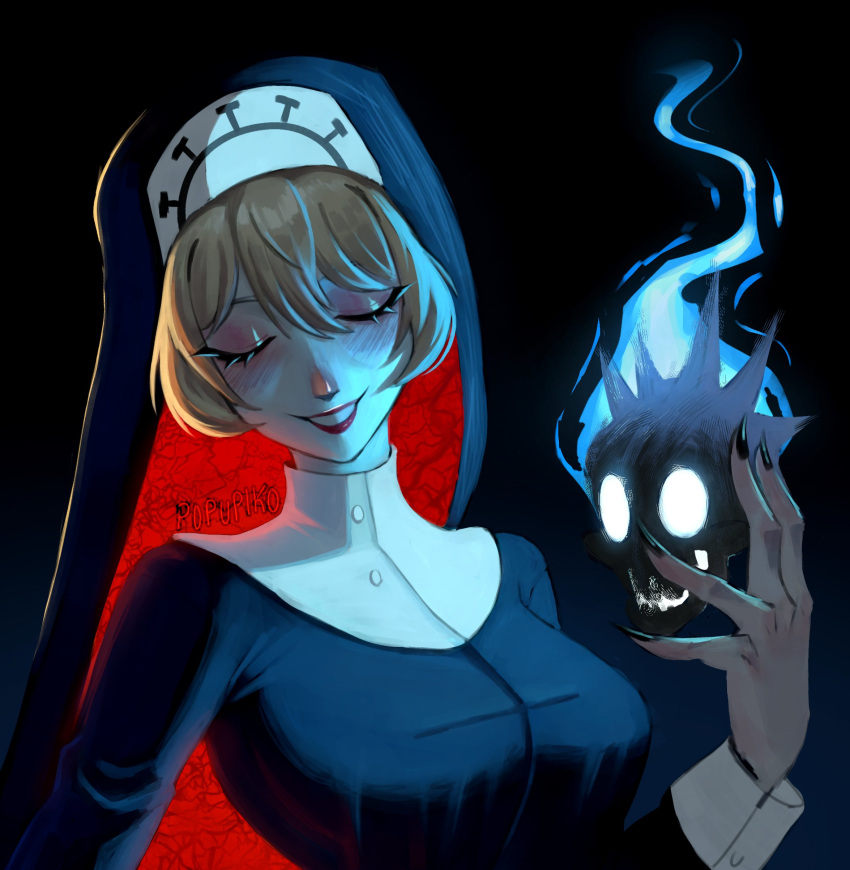 absurdres black_background blonde_hair blue_background breasts closed_eyes coif double_(skullgirls) eyelashes female gradient_background habit hashtag-only_commentary highres holding holding_skull large_breasts nun popupiko red_lips simple_background skull skullgirls smile solo two-tone_background