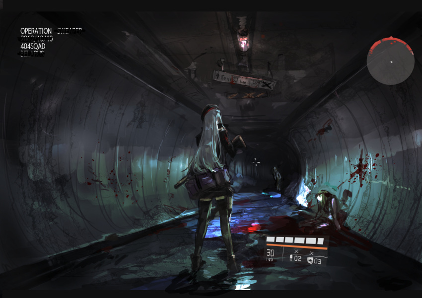 1other 2girls ambiguous_gender belt_pouch beret black_hat black_jacket black_skirt black_thighhighs blood blood_on_wall censored censored_text corpse english_text facing_away fake_screenshot from_behind gameplay_mechanics girls'_frontline grey_hair gun hat heads-up_display highres hk416_(girls'_frontline) holding holding_gun holding_weapon jacket long_hair long_sleeves multiple_girls osakana_(denpa_yun'yun) pool_of_blood pouch radar skirt subway_station thighhighs tunnel underground user_interface wading water weapon wide_shot