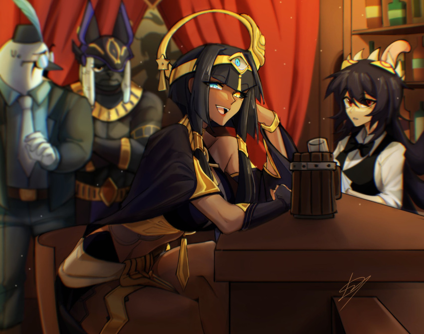 2boys 2girls aishadadagova albus_(skullgirls) alcohol ancient_egyptian ancient_egyptian_clothes animal_ears animal_hat ankh beer beer_mug belt black_gloves black_hair black_jacket blue_eyes breasts candace_(genshin_impact) candace_(genshin_impact)_(cosplay) character_request cosplay crossover cup cyno_(genshin_impact) cyno_(genshin_impact)_(cosplay) dark-skinned_female dark_skin eliza_(skullgirls) eye_of_horus fake_animal_ears fez_hat genshin_impact gloves hair_ornament hat heterochromia highres horace_(skullgirls) jacket jewelry long_sleeves mug multiple_boys multiple_girls necktie open_mouth pants red_eyes sekhmet_(skullgirls) short_hair sitting skullgirls white_necktie yellow_eyes