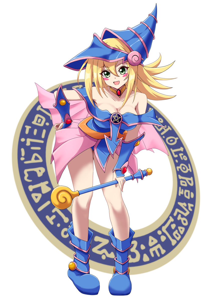 absurdres bare_shoulders blonde_hair blue_footwear blue_hat blush blush_stickers boots breasts cleavage dark_magician_girl duel_monster female green_eyes hair_between_eyes hat highres holding holding_wand large_breasts long_hair looking_at_viewer open_mouth pentacle pentagram phrygian_helmet shinshiro simple_background smile solo staff wand white_background wizard_hat yu-gi-oh!