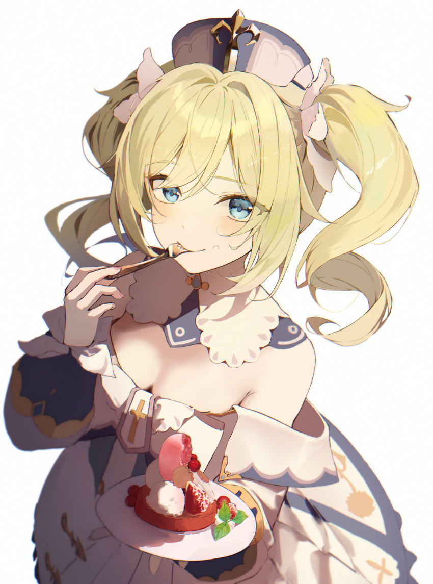 barbara_(genshin_impact) bare_shoulders blonde_hair blue_eyes blush breasts cake cleavage detached_collar dress drill_hair female food genshin_impact hat highres holding holding_plate long_hair long_sleeves looking_at_viewer plate shiina_1001 simple_background smile solo twin_drills twintails white_background white_dress