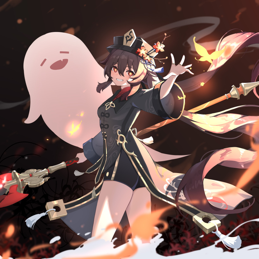 absurdres black_hat black_shirt black_shorts boo_tao_(genshin_impact) brown_hair commentary_request female genshin_impact grin hat highres holding holding_weapon hu_tao_(genshin_impact) kazezz long_hair long_sleeves looking_at_viewer shirt short_shorts shorts smile solo staff_of_homa_(genshin_impact) standing very_long_hair weapon wide_sleeves