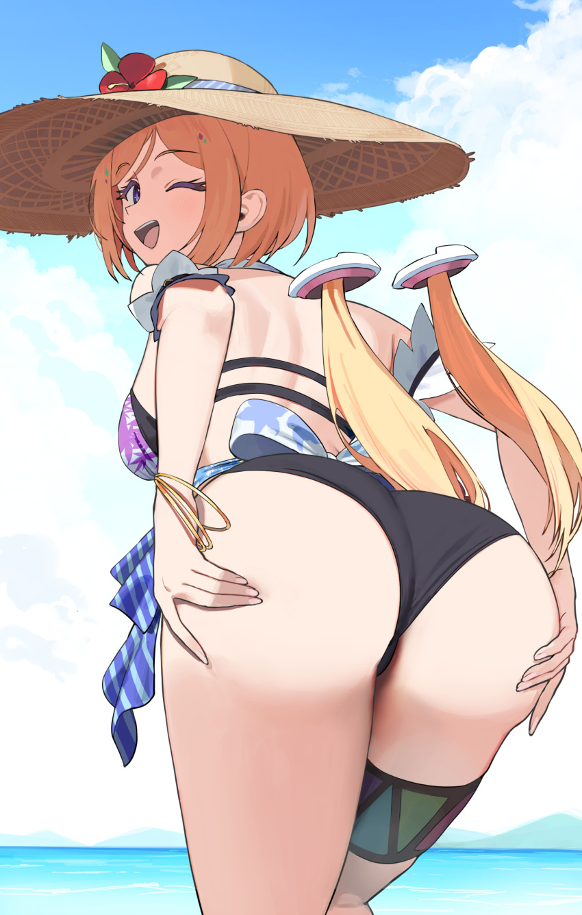 ;d aki_rosenthal aki_rosenthal_(hololive_summer_2019) arm_garter ass bikini black_bikini blonde_hair blue_sky bob_cut bracelet cloud commentary day detached_hair female flower hands_on_own_ass hat hat_flower highres hololive jewelry layered_bikini looking_at_viewer looking_back low_twintails official_alternate_costume one_eye_closed open_mouth outdoors parted_bangs presenting_ass print_bikini purple_eyes short_hair sky smile solo straw_hat sun_hat swimsuit teeth thigh_strap twin_(tt_lsh) twintails upper_teeth_only virtual_youtuber