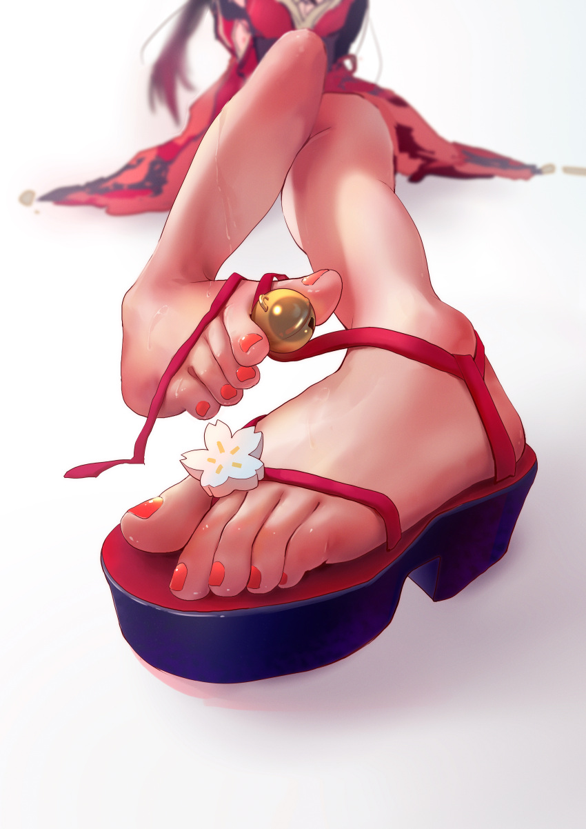 absurdres bell between_toes blurry blurry_background depth_of_field dress feet female foot_focus foreshortening head_out_of_frame highres holding_with_feet honkai:_star_rail honkai_(series) jingle_bell nail_polish okobo red_dress sandals shadow simple_background sitting solo sparkle_(honkai:_star_rail) sweat sweatdrop toenail_polish toenails white_background yueyueniao