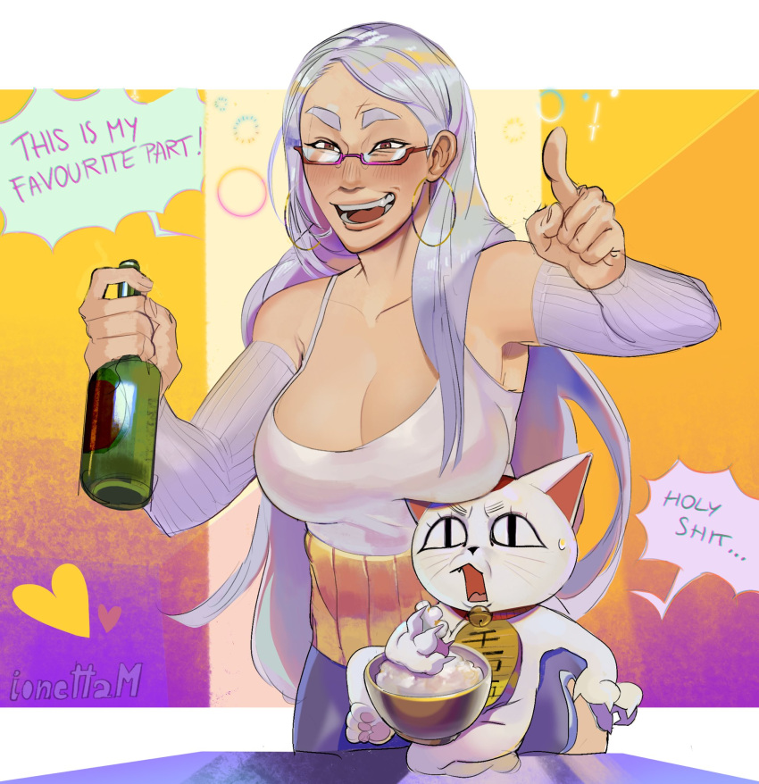 ayase_seiko beer_bottle breast_rest breasts breasts_on_head dandadan earrings female grey_arm_warmers grey_hair hair_down haramaki highres hoop_earrings ionettam jewelry large_breasts long_hair maneki-neko mature_female open_mouth semi-rimless_eyewear simple_background standing surprised turbo_granny very_long_hair