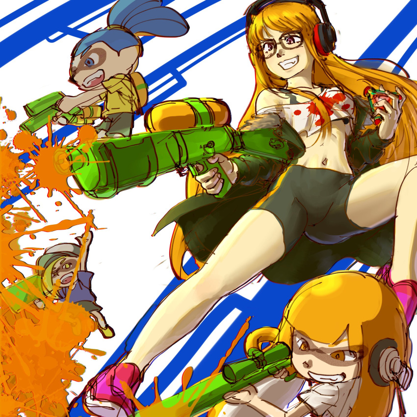 2boys 2girls bike_shorts black_bra black_shorts bra cropped_shirt crossover dual_wielding glasses green_jacket grin gun headphones highres holding holding_gun holding_weapon ink ink_splatter inkling_boy inkling_girl inkling_player_character jacket long_hair multiple_boys multiple_girls navel off-shoulder_shirt off_shoulder orange_hair persona persona_5 pink_footwear poechan_chan sakura_futaba scope shirt shoes shorts single_vertical_stripe smile sneakers splat_bomb_(splatoon) splatoon_(series) sports_bra underwear weapon