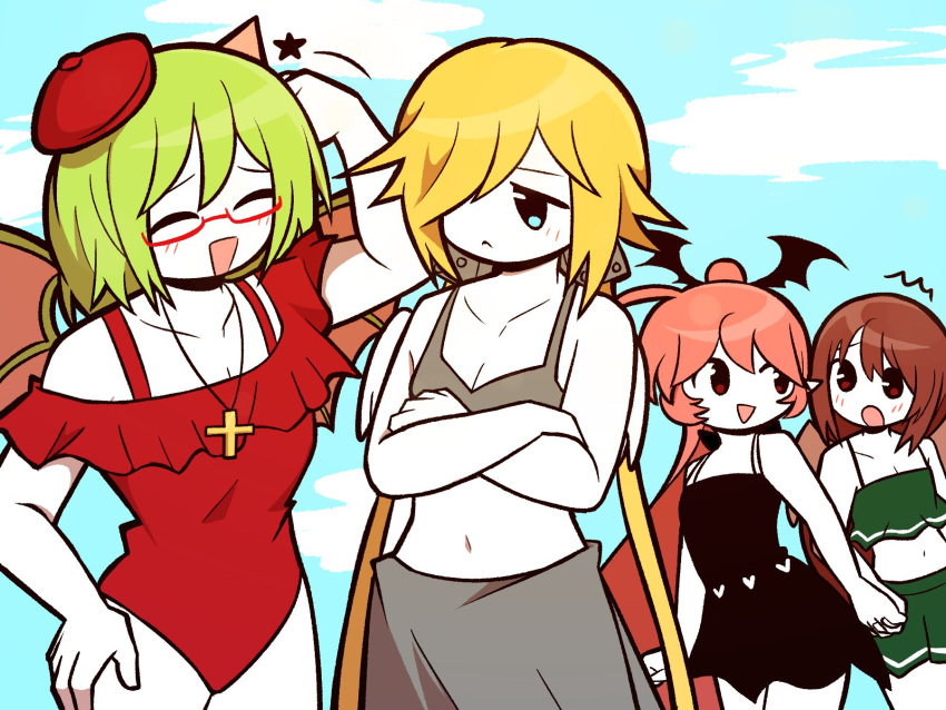 4girls beret bikini black_dress black_wings blonde_hair blue_eyes breasts brown_hair cleavage closed_eyes closed_mouth cloud collarbone colored_skin commentary crop_top crossed_arms demon_girl demon_horns demon_wings dress frilled_one-piece_swimsuit frills froze_(funamusea) funamusea green_hair green_shirt green_skirt green_wings grey_bikini grey_skirt haiiro_teien hair_over_one_eye hair_wings hand_on_own_head hand_on_own_hip hat highres horns long_hair looking_at_another low_twintails macarona_(funamusea) multiple_girls navel one-piece_swimsuit open_mouth orazamige outdoors pink_hair ponytail rawberry_preserves red-framed_eyewear red_eyes red_hat red_one-piece_swimsuit semi-rimless_eyewear shirt short_hair single_horn skirt sky small_breasts star_(symbol) swimsuit symbol-only_commentary triangle_mouth twintails white_skin wings yosafire_(funamusea)